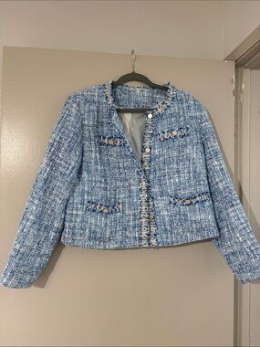 Light Blue Tweed Cropped Blazer with Fringed Trim